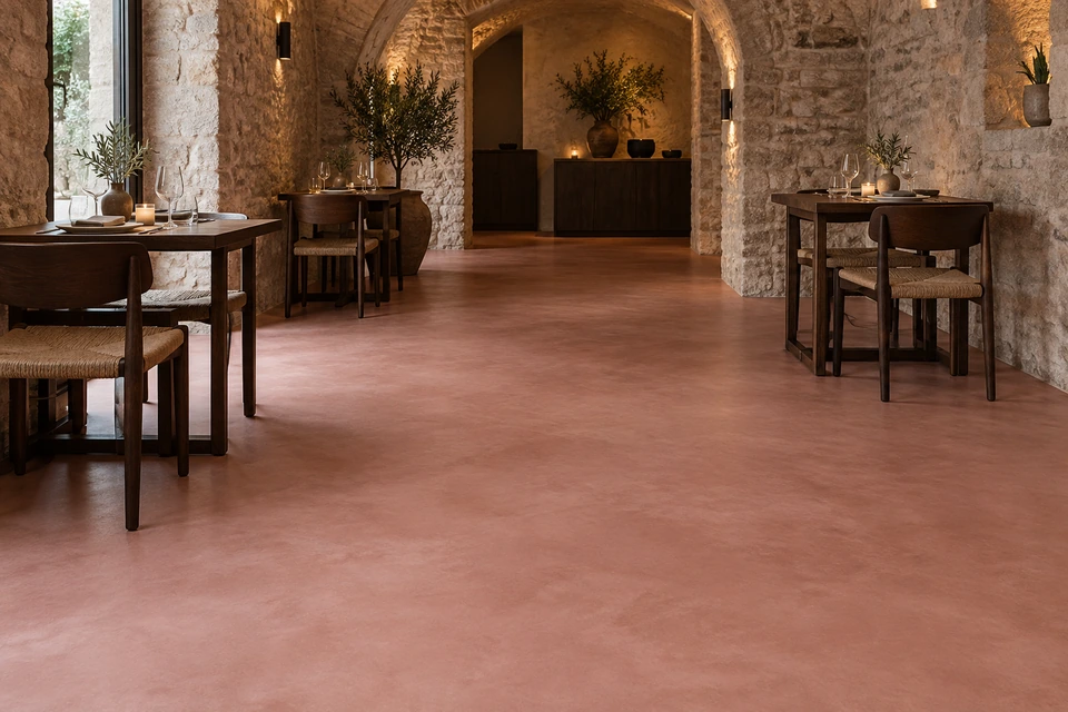 Salle de restaurant avec sol CONTINORA de LITORRA, nuances d'argile